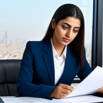 Modern Office Professional**

A professional Arab businesswoman in a modest, tailored business suit, seated at a clean desk in a bright, modern office. She is reviewing documents with a focused expression. Background includes a city skyline view through a large window. Fully clothed, appropriate attire, safe for work, perfect anatomy, natural proportions, professional photography, high quality.

**