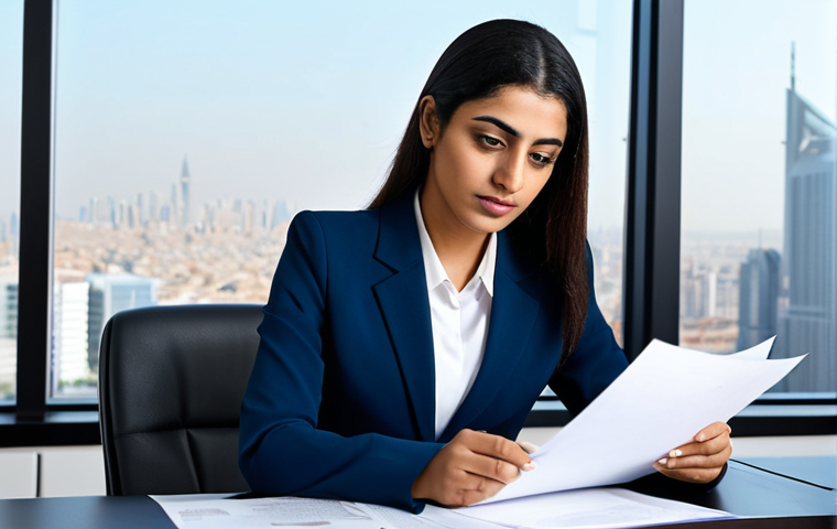 Modern Office Professional**
A professional Arab businesswoman in a modest, tailored business suit, seated at a clean desk in a bright, modern office. She is reviewing documents with a focused expression. Background includes a city skyline view through a large window. Fully clothed, appropriate attire, safe for work, perfect anatomy, natural proportions, professional photography, high quality.
**