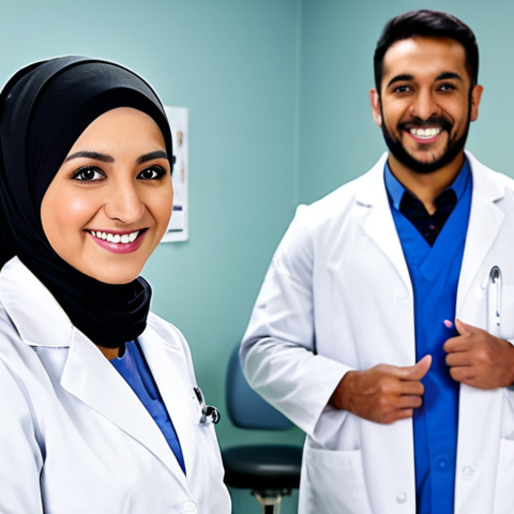 Professional Portrait**

"A confident veterinarian, fully clothed in professional attire (lab coat and modest hijab), smiling warmly in a modern veterinary clinic setting.  Background includes clean exam rooms and friendly staff. Perfect anatomy, natural pose, well-formed hands, proper finger count, high resolution, professional lighting, safe for work, appropriate content, professional, modest, family-friendly."

**