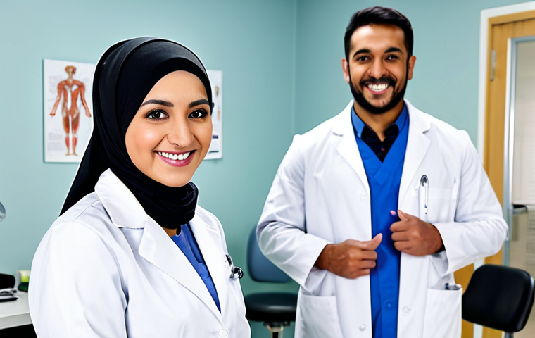Professional Portrait**
"A confident veterinarian, fully clothed in professional attire (lab coat and modest hijab), smiling warmly in a modern veterinary clinic setting. Background includes clean exam rooms and friendly staff. Perfect anatomy, natural pose, well-formed hands, proper finger count, high resolution, professional lighting, safe for work, appropriate content, professional, modest, family-friendly."
**