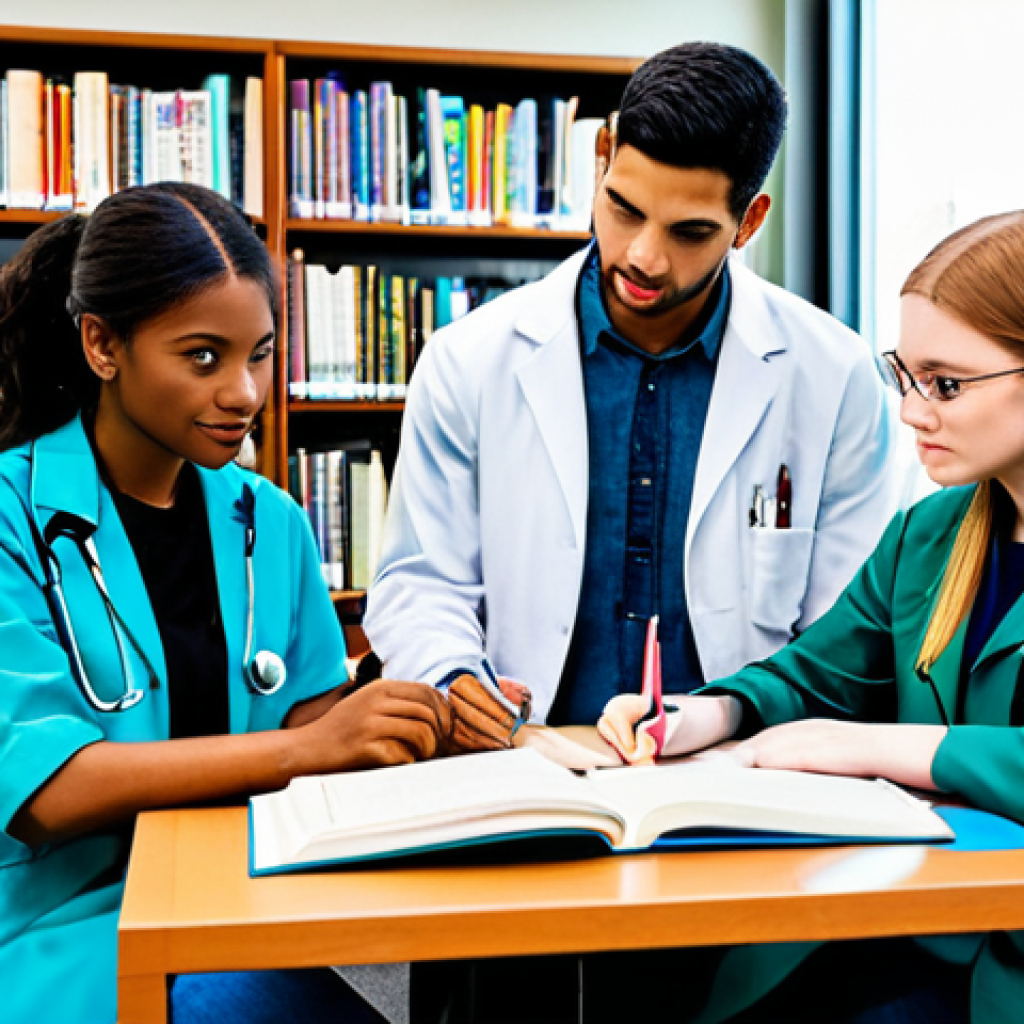 수의사 실기 시험 준비 팁 - **Veterinary Study Group:** A diverse group of veterinary students studying together in a bright, mo...
