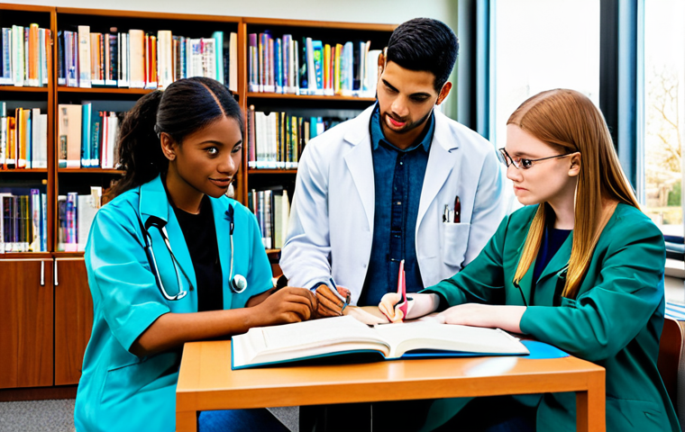 수의사 실기 시험 준비 팁 - **Veterinary Study Group:** A diverse group of veterinary students studying together in a bright, mo...