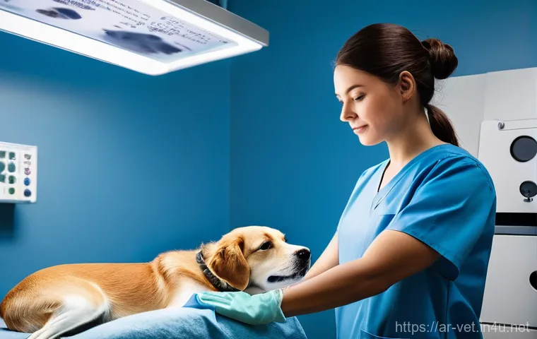 동물병원 업무 사례 분석 - **Prompt:** A highly skilled female veterinarian, dressed in sterile blue scrubs, a surgical mask, a...