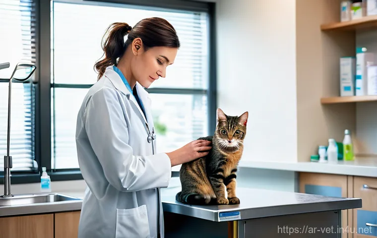수의사로 이직 준비하기 - **Prompt:** A compassionate young female veterinarian, with dark hair tied back neatly and wearing a...