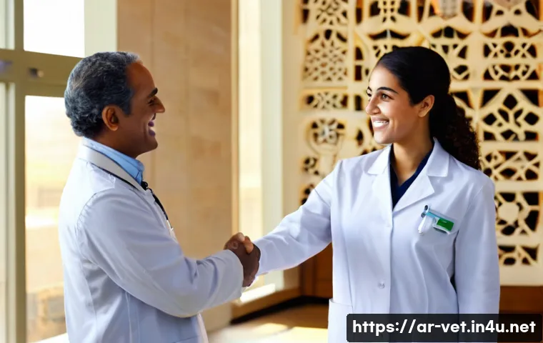 수의사 협회 가입 절차 및 혜택 - **Prompt:** A vibrant, close-up shot of a young, enthusiastic Arab female veterinarian, wearing a cr...