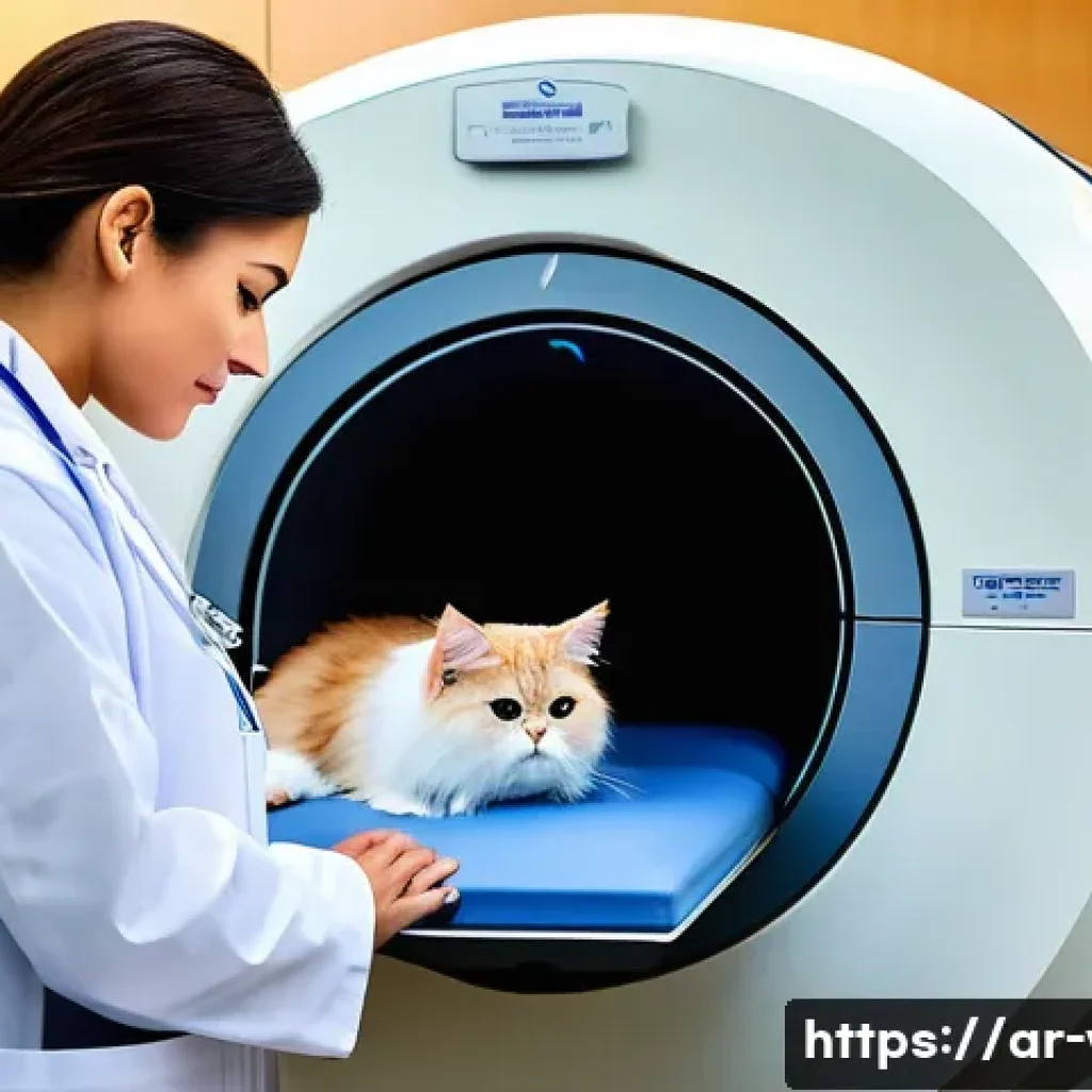 수의사들이 자주 사용하는 의료 장비 - **Prompt for Advanced Diagnostic Imaging (MRI):** "A clean, brightly lit, modern veterinary diag...