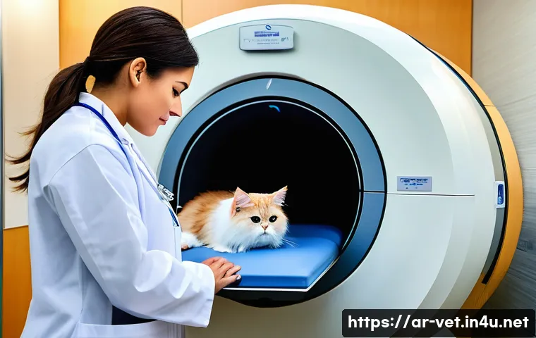 수의사들이 자주 사용하는 의료 장비 - **Prompt for Advanced Diagnostic Imaging (MRI):** "A clean, brightly lit, modern veterinary diag...