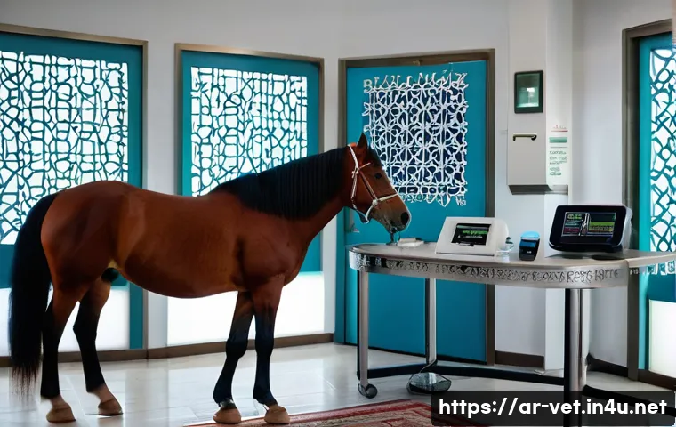 수의학 관련 컨퍼런스 참석 후기 - A modern veterinary clinic interior in an Arabic cultural setting, featuring a skilled veterinarian ...