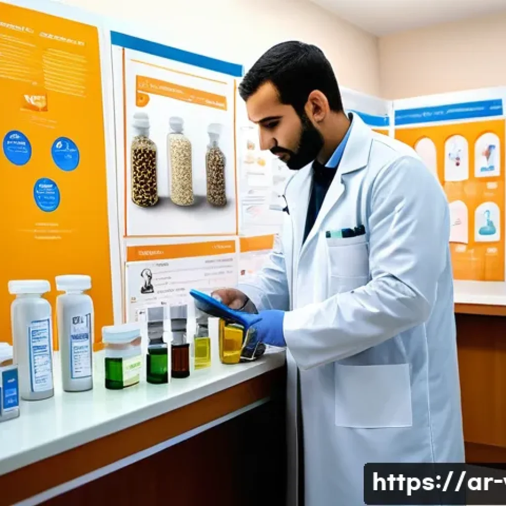 수의사가 꼭 알아야 할 약물 - A detailed veterinary clinic scene in a modern Arabic setting, featuring a veterinarian wearing a wh...