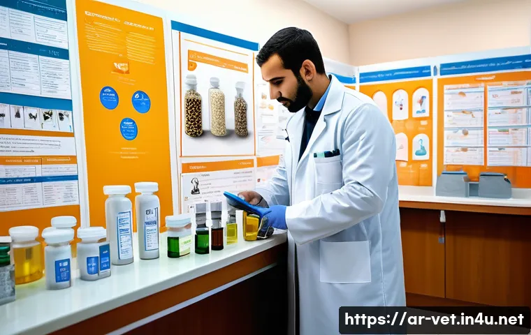 수의사가 꼭 알아야 할 약물 - A detailed veterinary clinic scene in a modern Arabic setting, featuring a veterinarian wearing a wh...