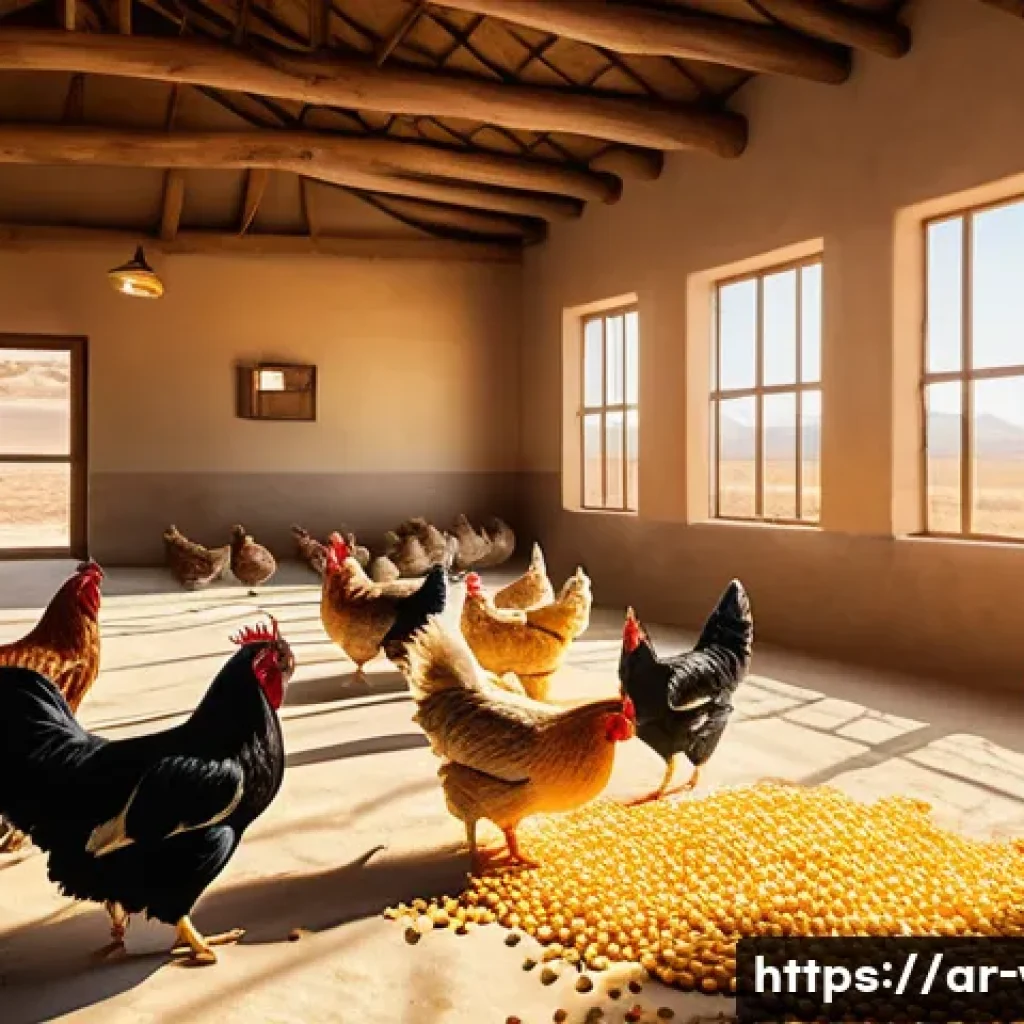 동물영양학의 기초 - A detailed, realistic farm scene showcasing a healthy flock of chickens in a spacious, clean barn en...