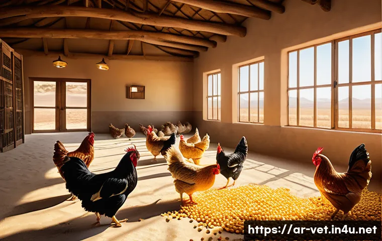 동물영양학의 기초 - A detailed, realistic farm scene showcasing a healthy flock of chickens in a spacious, clean barn en...