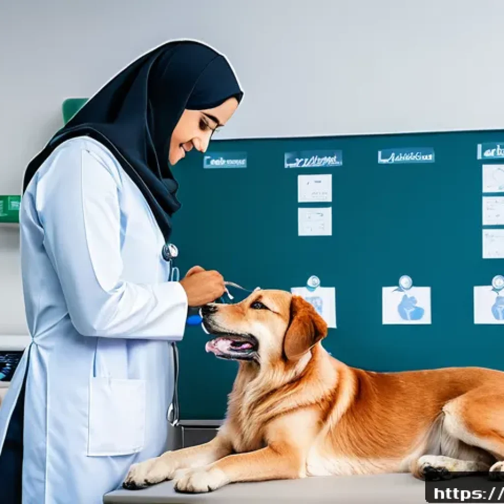 수의사로서 꼭 알아야 할 의학 용어 - A detailed veterinary clinic scene set in a Middle Eastern environment, featuring a skilled veterina...