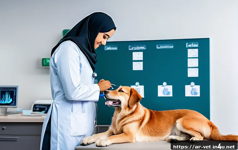 수의사로서 꼭 알아야 할 의학 용어 - A detailed veterinary clinic scene set in a Middle Eastern environment, featuring a skilled veterina...