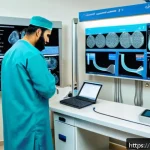 수의학 임상 실험과 윤리 문제 - A modern veterinary clinical trial room in a Middle Eastern setting, featuring advanced medical equi...