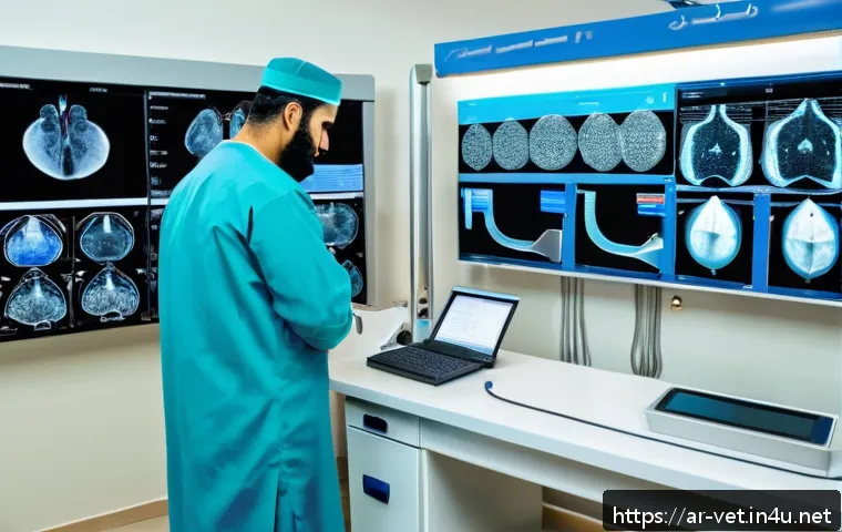 수의학 임상 실험과 윤리 문제 - A modern veterinary clinical trial room in a Middle Eastern setting, featuring advanced medical equi...