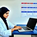 수의사 업무 일주일 스케줄 예시 - A modern veterinary clinic interior in a busy Middle Eastern city, showing a professional female vet...