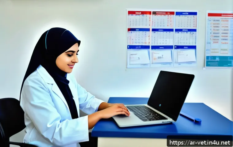 수의사 업무 일주일 스케줄 예시 - A modern veterinary clinic interior in a busy Middle Eastern city, showing a professional female vet...