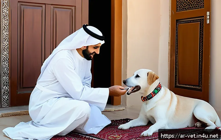 반려동물 치과 진료 사례 - A warm, culturally rich scene of an Arab family caring for their small dog&rsquo;s dental hygiene at home,...
