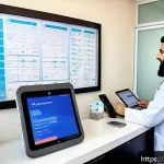 수의학과 관련된 필수 소프트웨어 - A modern veterinary clinic reception area with a digital appointment scheduling system displayed on ...