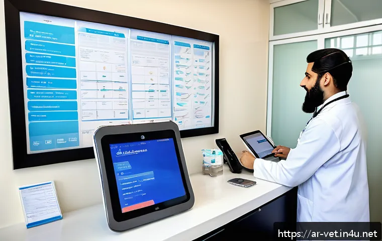 수의학과 관련된 필수 소프트웨어 - A modern veterinary clinic reception area with a digital appointment scheduling system displayed on ...