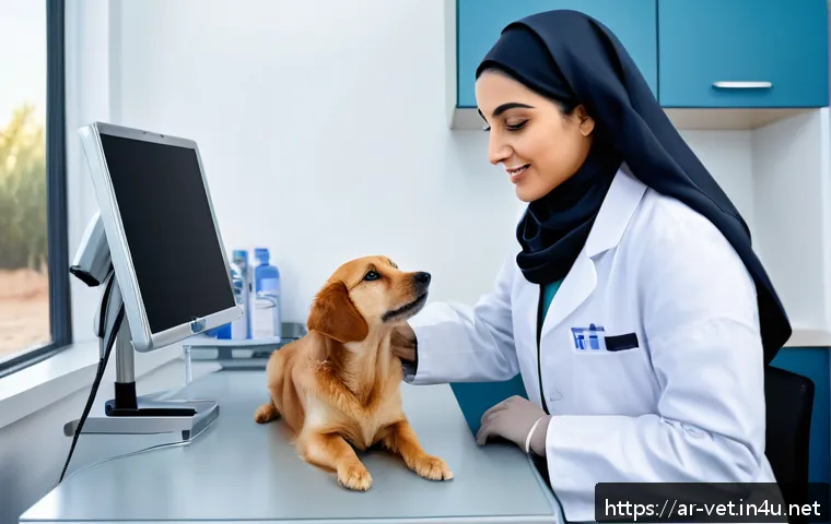 수의학 학위 외 추가 자격증 - A professional Middle Eastern female veterinarian in a modern veterinary clinic, wearing a clean whi...
