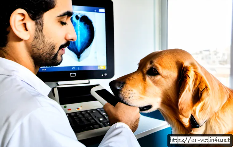 수의학 최신 트렌드 - Photorealistic modern veterinary clinic in an Arab city, compassionate Arab veterinarian in modest p...