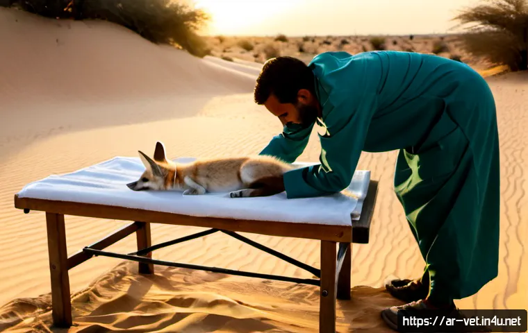 야생동물 구조와 재활 사례 - Photorealistic wildlife rescue scene in an Arabic desert conservation setting, a compassionate veter...