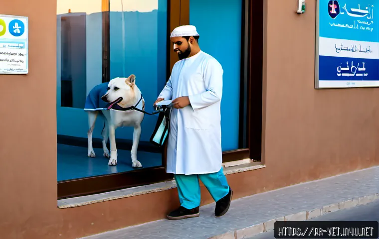 수의사 근무시간의 현실 - Photorealistic veterinary clinic at early dawn in an Arab city, a tired but focused veterinarian in ...