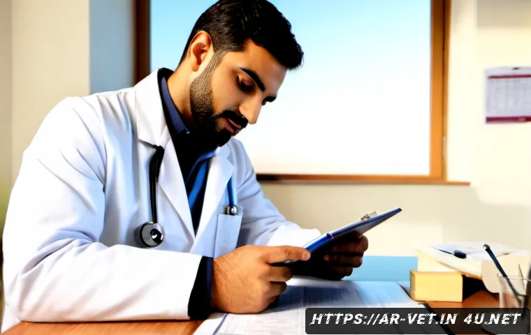수의사 해외 학술지 논문 읽기 팁 - Photorealistic Arab veterinarian in a neat white coat reviewing an open international veterinary res...